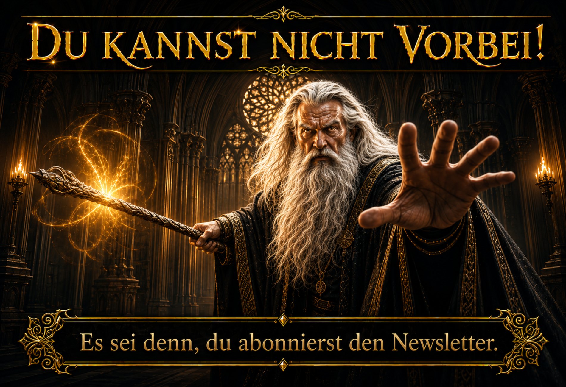 Episches Fantasy-Banner im Stil von Gandalf: Ein weißbärtiger Zauberer blockiert mit erhobenem Stab den Weg und ruft ‚Du kannst nicht vorbei!‘. Darunter der Zusatz: ‚Es sei denn, du abonnierst unseren Newsletter!‘. Rechts unten ein glühender, magischer Button mit der Aufschrift: ‚Lass mich rein, du Narr!