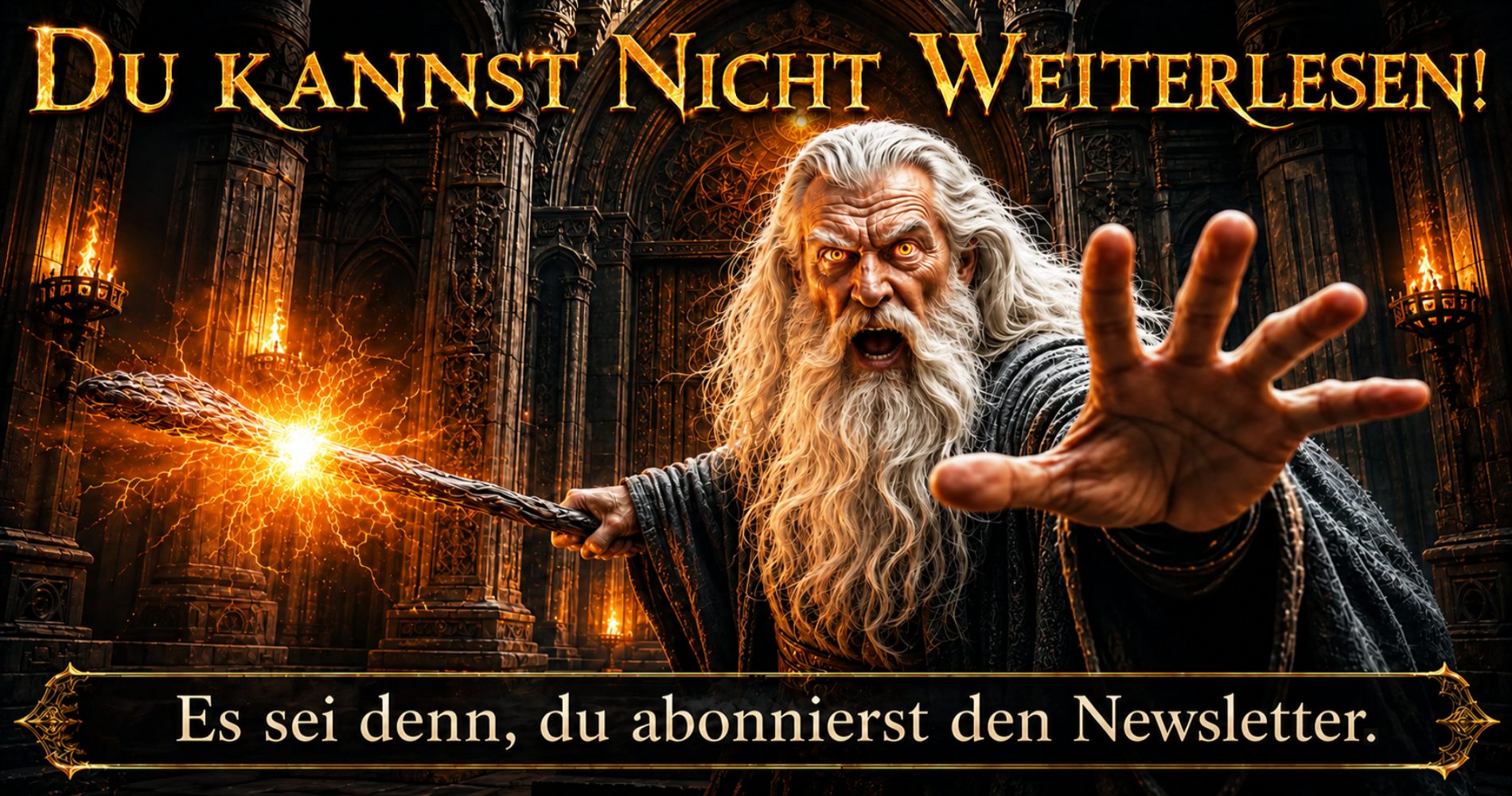 Banner für den Newsletter im Fantasykosmos mit Gandalf, der den Leser nicht vorbeilässt,