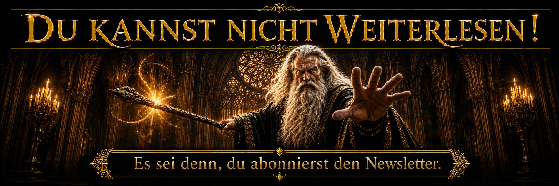 Banner für den Newsletter im Fantasykosmos mit Gandalf, der den Leser nicht vorbeilässt,