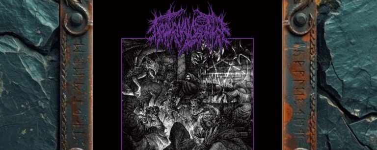 Albumcover von Nocturnal Departure – Spiritual Cessation: Schwarzweißes, detailreiches Ritualbild mit violettem Bandlogo und violettem Rahmen. In einer düsteren Kammer versammeln sich verhüllte Gestalten, dämonische Kreaturen und kniende Körper um einen Kreis aus Feuer. Über der Szene ragen hornartige und flügelartige Formen empor, während Kerzen, Fratzen und dunkle Linien eine chaotische Black-Metal-Ritualatmosphäre erzeugen.
