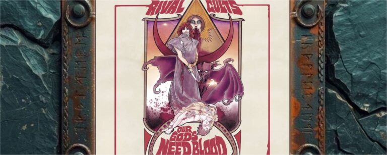 Albumcover von Rival Cults – Our Gods Need Blood: Retro-Horror-Artwork auf cremefarbenem Hintergrund mit roter Schrift. Im Zentrum stehen okkulte Figuren vor einer Pyramide, darunter eine liegende Gestalt, ein dämonisches Wesen mit Flügeln, Blutspuren, Messer und Kultsymbolik. Das Cover wirkt wie ein italienisches Exploitation- oder Horrorfilmplakat der 1970er Jahre.