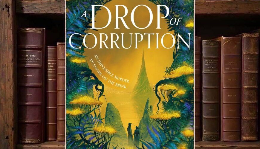 Farbenprächtiges Cover von A Drop of Corruption mit üppigen grünen und blauen Pflanzen, leuchtend gelben Blüten, zwei kleinen Figuren im Vordergrund und einer hohen, turmartigen Struktur in einer goldgelben Landschaft.