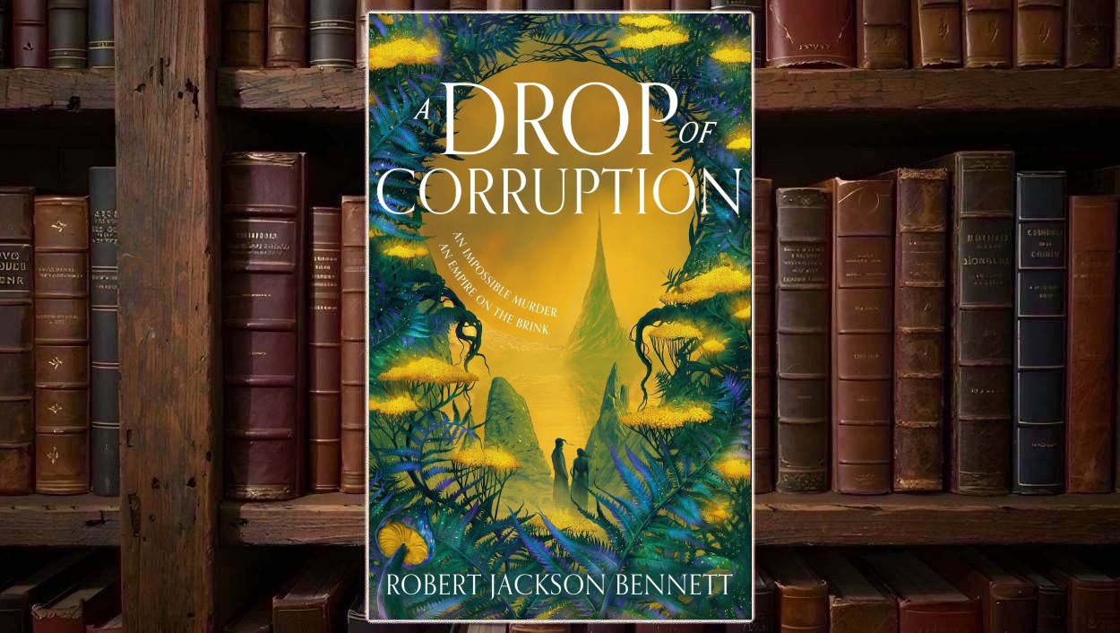 Farbenprächtiges Cover von A Drop of Corruption mit üppigen grünen und blauen Pflanzen, leuchtend gelben Blüten, zwei kleinen Figuren im Vordergrund und einer hohen, turmartigen Struktur in einer goldgelben Landschaft.