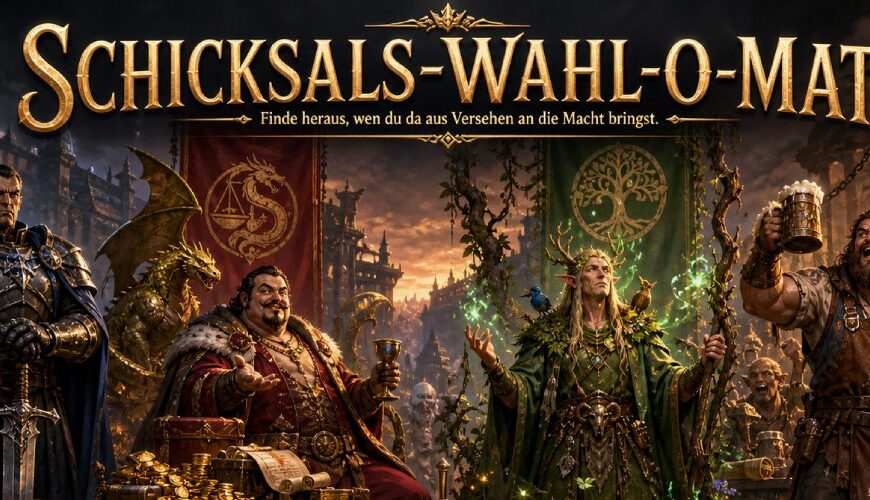 Fantasy-Wahlbanner zum Schicksals-Wahl-O-Mat: vier absurde Parteien der Zwischenreiche treten vor düsterer Stadtkulisse an – eine strenge Ritterordnung, ein reicher Drachenhort-Politiker, ein naturmystischer Druide und ein lautstarker Tavernenpopulist mit Bierkrug.