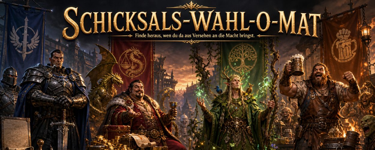 Fantasy-Wahlbanner zum Schicksals-Wahl-O-Mat: vier absurde Parteien der Zwischenreiche treten vor düsterer Stadtkulisse an – eine strenge Ritterordnung, ein reicher Drachenhort-Politiker, ein naturmystischer Druide und ein lautstarker Tavernenpopulist mit Bierkrug.
