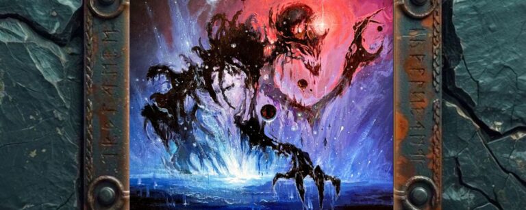 Albumcover von Silaera – An Aberration of the Void: Vor einem dunklen Horizont erhebt sich eine schwarze, vielgliedrige, kaum eindeutig bestimmbare Kreatur aus einer blau leuchtenden Fläche. Der Himmel darüber reißt in grellen Rot-, Violett- und Weißtönen auf, während Licht, Nebel und organische Formen ineinanderfließen. Das Bild wirkt wie eine kosmische Fehlgeburt zwischen außerirdischer Landschaft, Albtraumwesen und explodierender Leere.