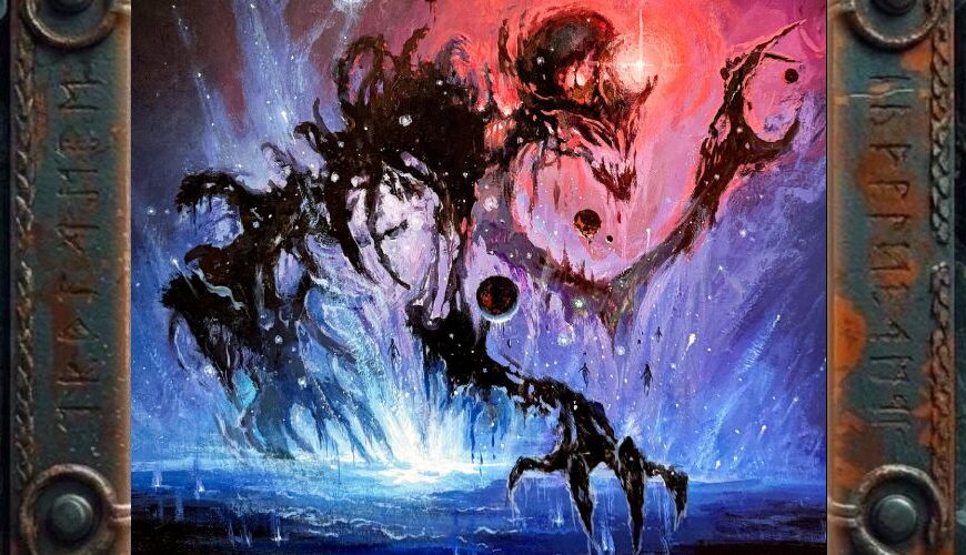 Albumcover von Silaera – An Aberration of the Void: Vor einem dunklen Horizont erhebt sich eine schwarze, vielgliedrige, kaum eindeutig bestimmbare Kreatur aus einer blau leuchtenden Fläche. Der Himmel darüber reißt in grellen Rot-, Violett- und Weißtönen auf, während Licht, Nebel und organische Formen ineinanderfließen. Das Bild wirkt wie eine kosmische Fehlgeburt zwischen außerirdischer Landschaft, Albtraumwesen und explodierender Leere.