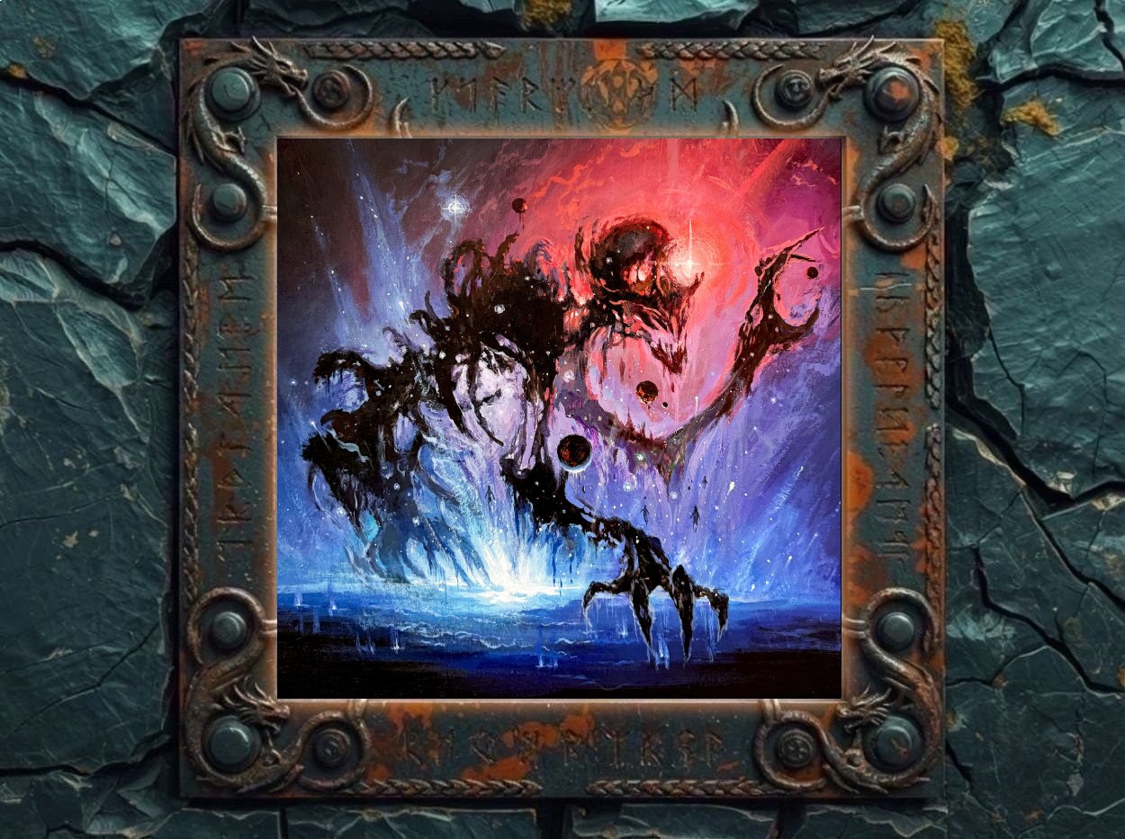 Albumcover von Silaera – An Aberration of the Void: Vor einem dunklen Horizont erhebt sich eine schwarze, vielgliedrige, kaum eindeutig bestimmbare Kreatur aus einer blau leuchtenden Fläche. Der Himmel darüber reißt in grellen Rot-, Violett- und Weißtönen auf, während Licht, Nebel und organische Formen ineinanderfließen. Das Bild wirkt wie eine kosmische Fehlgeburt zwischen außerirdischer Landschaft, Albtraumwesen und explodierender Leere.