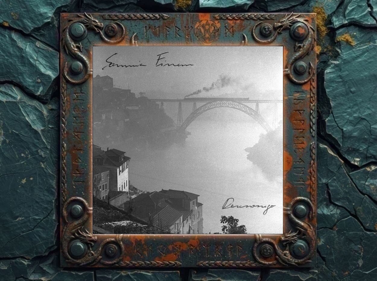 Albumcover von Somnia Finem – Desassossego: Schwarzweißes, körniges Foto einer nebligen Flusslandschaft mit Brücke und Häusern am Hang, vermutlich in Portugal. Die Szenerie wirkt verschwommen, melancholisch und entrückt. Oben steht handschriftlich der Bandname Somnia Finem, unten rechts der Albumtitel Desassossego.