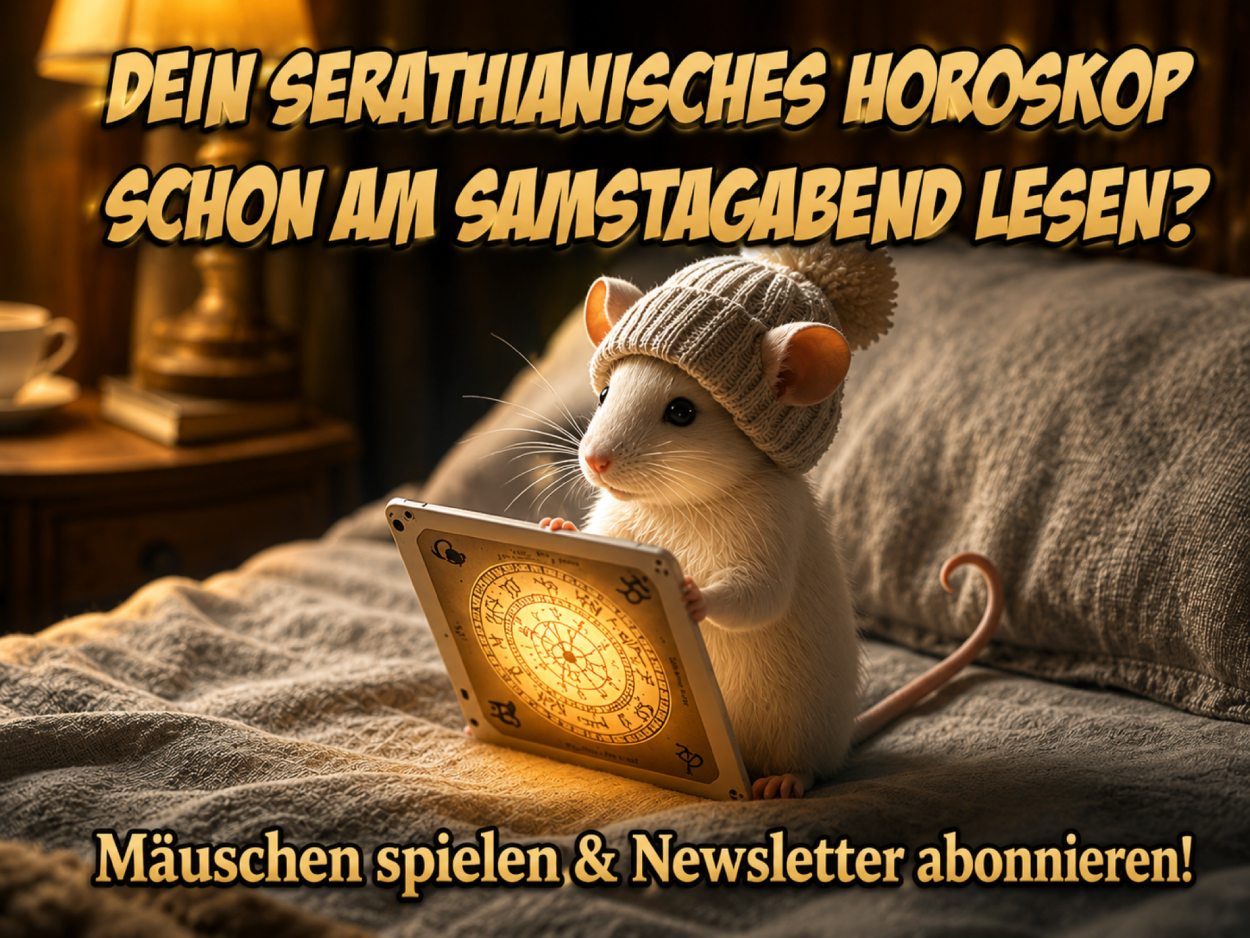 Eine kleine weiße Maus mit Wintermütze sitzt auf einem Bett und liest ein leuchtendes Tablet mit Sternzeichen. Text im Bild: „Dein serathianisches Horoskop schon am Samstagabend lesen? Newsletter abonnieren & Mäuschen spielen.