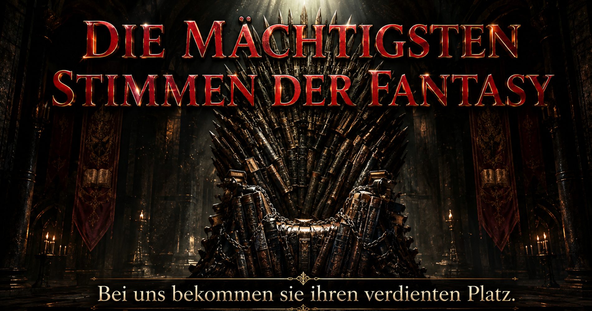 Ein monumentaler Thron aus alten Büchern und Ketten, von Lichtstrahlen dramatisch erleuchtet. Darüber der Schriftzug ‚Machtvolle Stimmen der Fantasy‘ – Symbol für die prägendsten Autorinnen und Autoren des Genres.