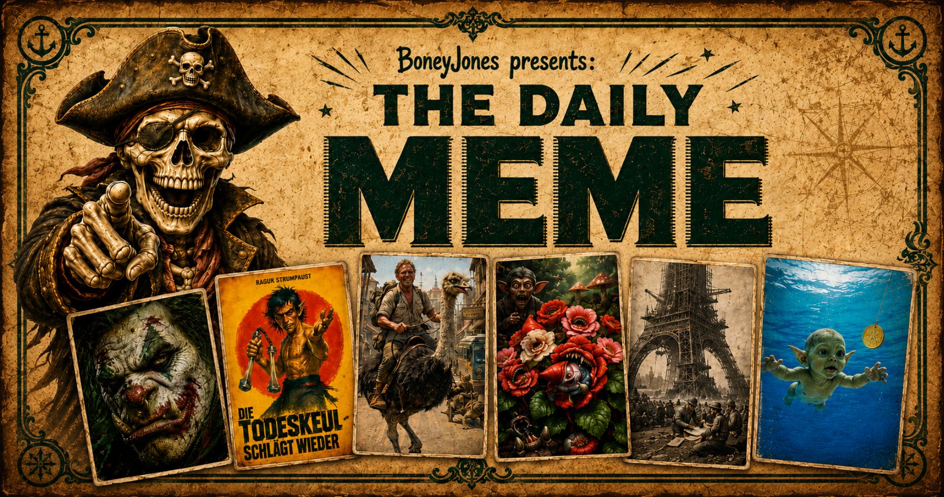 Ein Banner mit Boney Jones, dem Geisterpiraten. Er steht vor einem Schriftlogo mit dem Namen "The Daily Meme".