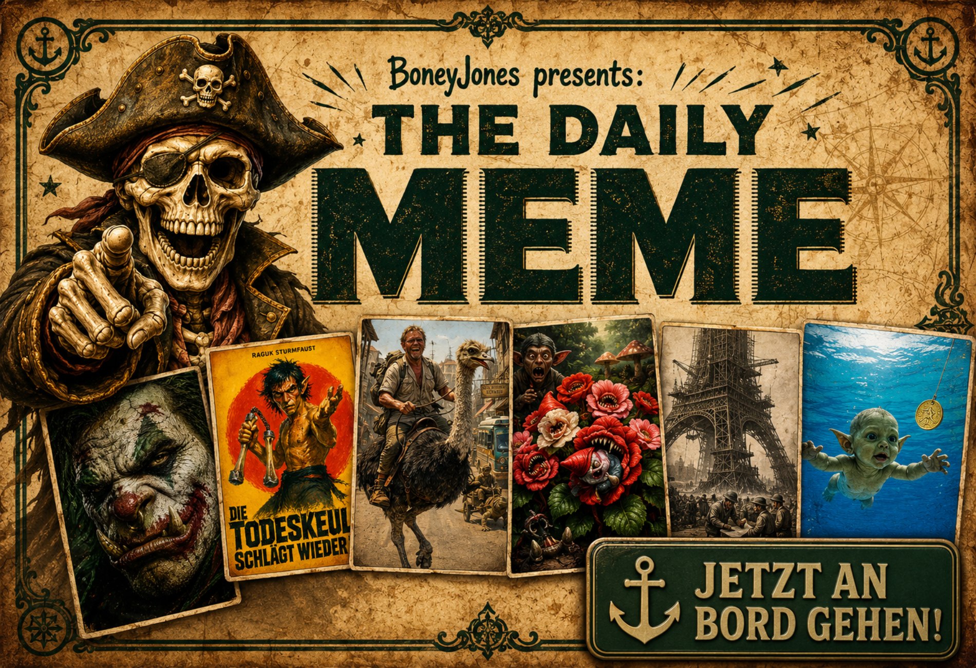 Banner für das Daily Meme mit Boney Jones dem Geisterpiraten. 