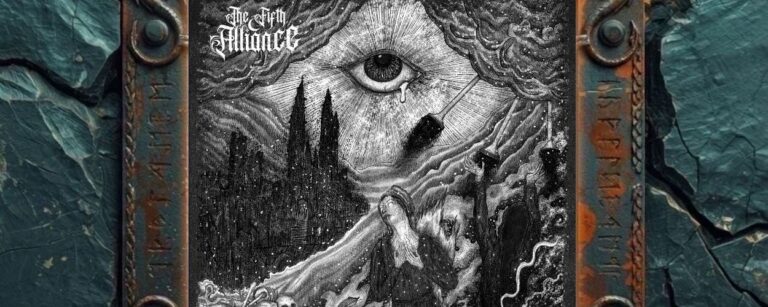 Albumcover von The Fifth Alliance – Stenahoria: Schwarzweißes okkultes Artwork mit einem riesigen Auge am Himmel, einer düsteren Stadtlandschaft, Bergen, Schädeln, Rauch und einer knienden Figur im Vordergrund. Rechts öffnen sich surreale Nebel, Schattenformen und kosmische Strukturen. Unten rechts steht der Albumtitel Stenahoria.
