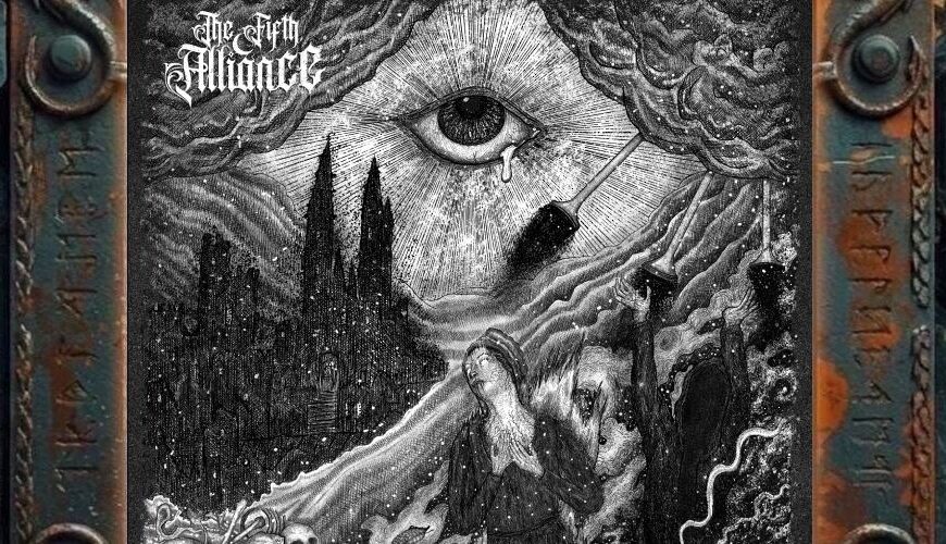 Albumcover von The Fifth Alliance – Stenahoria: Schwarzweißes okkultes Artwork mit einem riesigen Auge am Himmel, einer düsteren Stadtlandschaft, Bergen, Schädeln, Rauch und einer knienden Figur im Vordergrund. Rechts öffnen sich surreale Nebel, Schattenformen und kosmische Strukturen. Unten rechts steht der Albumtitel Stenahoria.