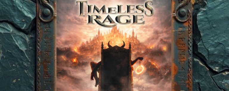 Albumcover von Timeless Rage – My Kingdom Come: Vor einer brennenden, nebelverhangenen Fantasy-Stadt steht ein dunkler, prunkvoller Thron mit hornartiger Verzierung. Im Hintergrund erhebt sich ein hell leuchtender Palast über Rauch, Feuer und Schlachtchaos. Oben steht der große Schriftzug Timeless Rage, unten der Albumtitel My Kingdom Come.