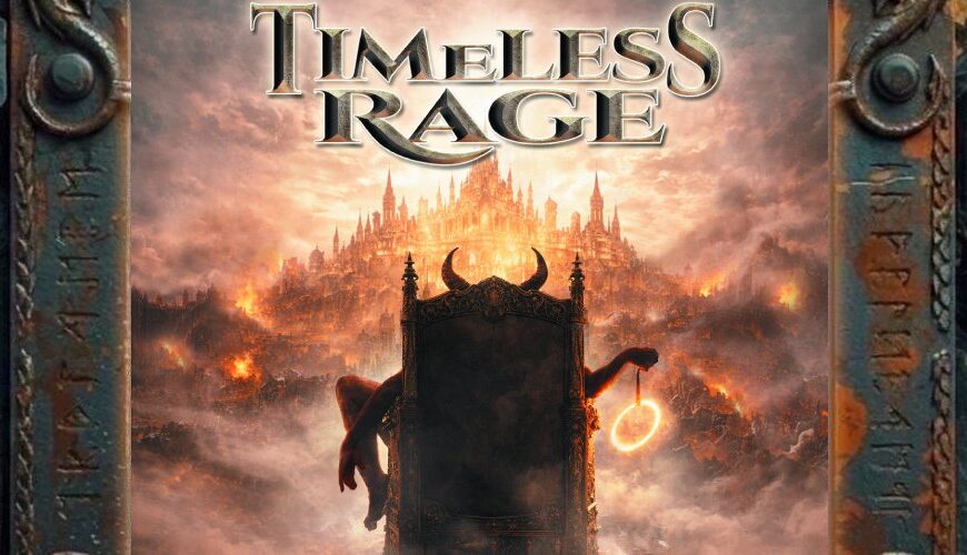 Albumcover von Timeless Rage – My Kingdom Come: Vor einer brennenden, nebelverhangenen Fantasy-Stadt steht ein dunkler, prunkvoller Thron mit hornartiger Verzierung. Im Hintergrund erhebt sich ein hell leuchtender Palast über Rauch, Feuer und Schlachtchaos. Oben steht der große Schriftzug Timeless Rage, unten der Albumtitel My Kingdom Come.
