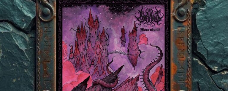 Albumcover von Tyrannus – Mournhold: Violett-rotes Fantasy-Artwork mit einer fremdartigen Felsenlandschaft, gezackten Türmen, schwebenden Felsinseln und schwarzen Tentakeln, die sich durch die Szenerie winden. Ein ornamentaler Rahmen umgibt das Bild, oben rechts stehen Bandlogo und Albumtitel. Die Szene wirkt wie eine purpurne Albtraumfestung in einer außerweltlichen Höllenlandschaft.