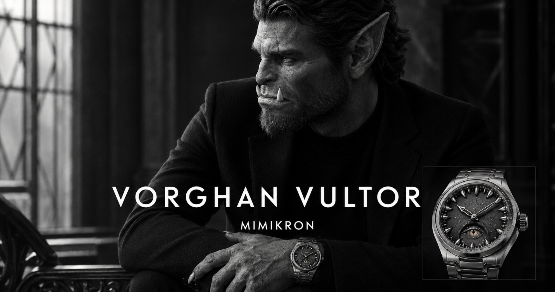 Schwarzweiße Luxus-Werbeparodie im Stil einer edlen Uhrenkampagne: Ein ernst blickender Ork mit markanten Stoßzähnen und elegantem schwarzen Sakko sitzt in halb seitlicher Pose vor dunklem Hintergrund. Auf seinem Handgelenk trägt er eine metallische Luxus-Uhr. Über dem Bild stehen groß der Markenname „VORGHAN VULTOR“ und darunter „MIMIKRON“. Rechts unten ist die Uhr noch einmal als Produktabbildung zu sehen: ein silbernes Modell mit dunklem Zifferblatt, zahnartigen Stundenmarkierungen und einem unheimlichen Auge im unteren Bereich. Die Szene wirkt auf den ersten Blick hochwertig und seriös, entfaltet aber auf den zweiten Blick ihren absurden Fantasy-Humor.