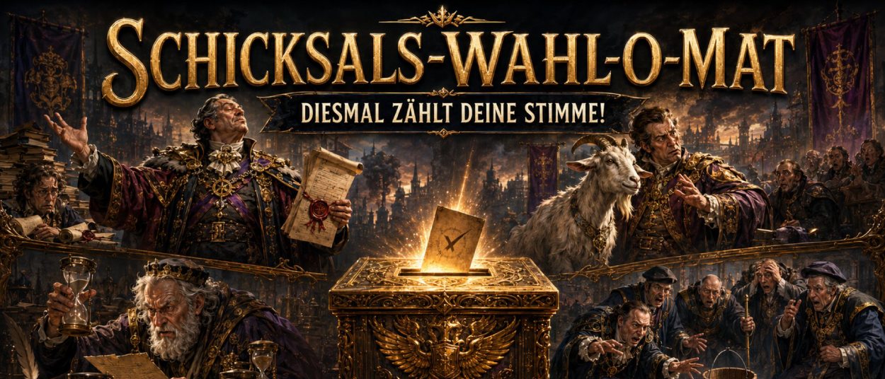 Fantasy-Wahlbanner zum Schicksals-Wahl-O-Mat: vier absurde Parteien der Zwischenreiche treten vor düsterer Stadtkulisse an – eine strenge Ritterordnung, ein reicher Drachenhort-Politiker, ein naturmystischer Druide und ein lautstarker Tavernenpopulist mit Bierkrug.