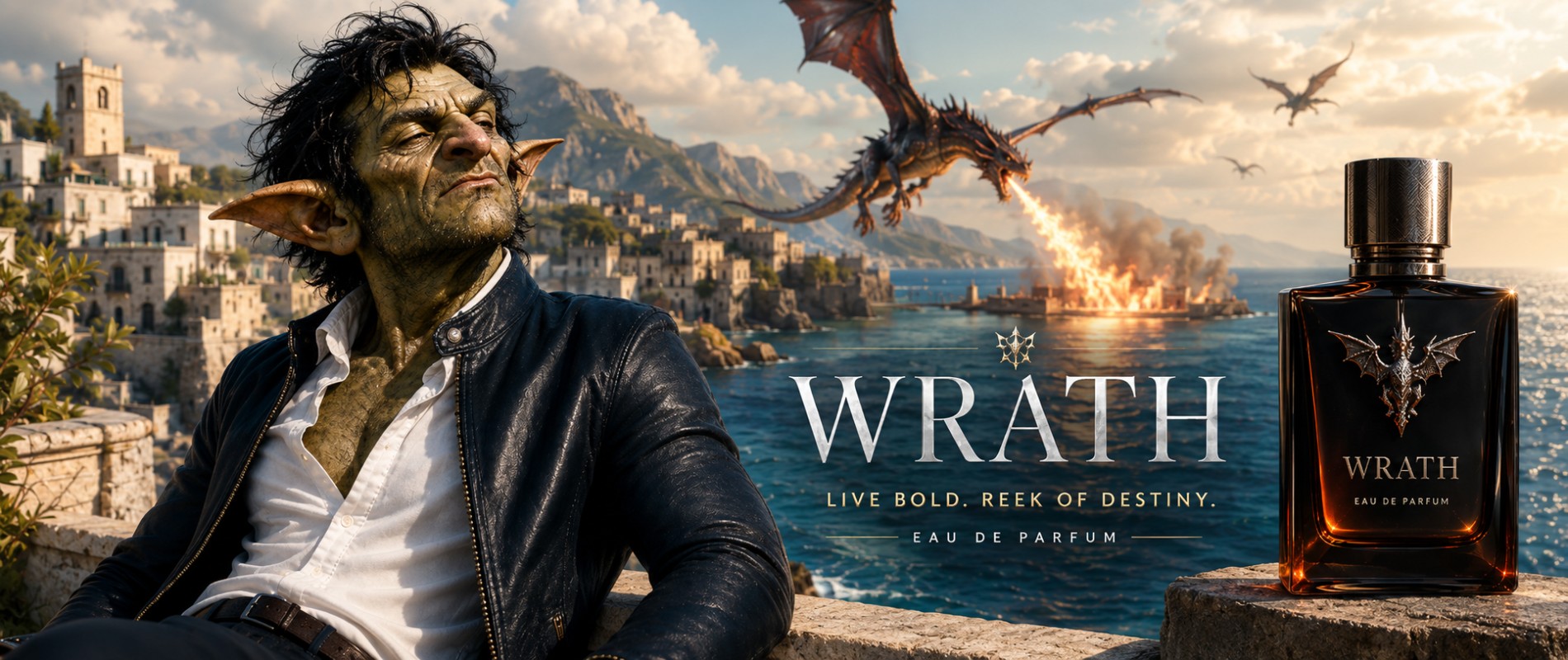 Parodie auf eine Fantasy-Parfumwerbung: Ein selbstzufriedener goblinartiger Mann in Lederjacke und offenem weißen Hemd sitzt an einer steinernen Küste, während im Hintergrund ein Drache einen Hafen angreift. Rechts steht eine dunkle Parfumflasche mit dem Namen „WRATH“, davor der Slogan „Live Bold. Reek of Destiny.“ vor einer sonnigen Küstenlandschaft mit Meer, Bergen und Rauch.