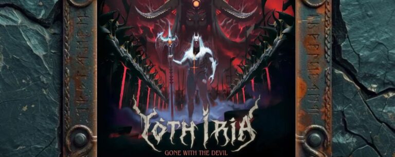 Albumcover von Yoth Iria – Gone with the Devil: Eine weißhaarige, gehörnte Dämonengestalt steht mit einem Stab in einer rot-schwarzen Höllenlandschaft. Hinter ihr erhebt sich eine riesige dunkle Figur mit mächtiger Hörnerkrone und glühendem Licht auf der Stirn. An den Seiten ragen knöcherne, dornenartige Formen empor, während Nebel und rotes Licht die Szene wie einen infernalischen Tempel wirken lassen.