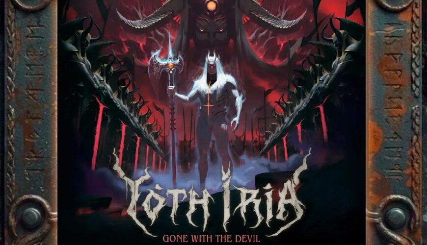 Albumcover von Yoth Iria – Gone with the Devil: Eine weißhaarige, gehörnte Dämonengestalt steht mit einem Stab in einer rot-schwarzen Höllenlandschaft. Hinter ihr erhebt sich eine riesige dunkle Figur mit mächtiger Hörnerkrone und glühendem Licht auf der Stirn. An den Seiten ragen knöcherne, dornenartige Formen empor, während Nebel und rotes Licht die Szene wie einen infernalischen Tempel wirken lassen.