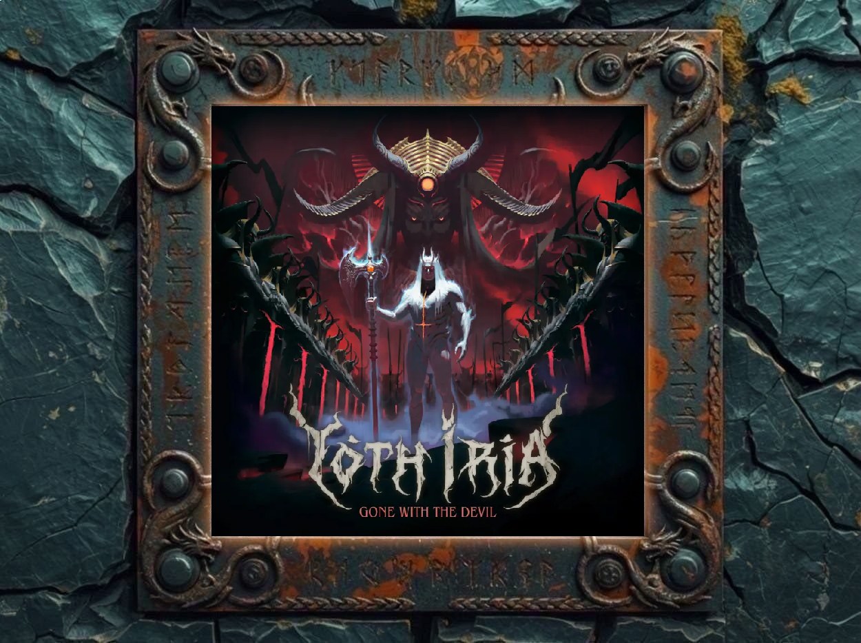 Albumcover von Yoth Iria – Gone with the Devil: Eine weißhaarige, gehörnte Dämonengestalt steht mit einem Stab in einer rot-schwarzen Höllenlandschaft. Hinter ihr erhebt sich eine riesige dunkle Figur mit mächtiger Hörnerkrone und glühendem Licht auf der Stirn. An den Seiten ragen knöcherne, dornenartige Formen empor, während Nebel und rotes Licht die Szene wie einen infernalischen Tempel wirken lassen.