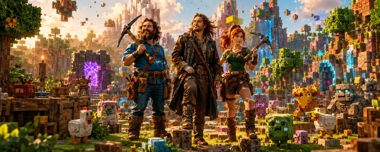 Drei Abenteurer stehen in einer bunten würfelförmigen Fantasywelt aus Blöcken, während im Hintergrund ein riesiges quadratisches Portal und schwebende Bauklötze zu sehen sind.
