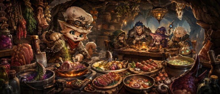 Eine niedliche Fantasy-Köchin bereitet in einer Dungeon-Küche Monsterfleisch zu, während eine Abenteurerparty am Tisch wartet.