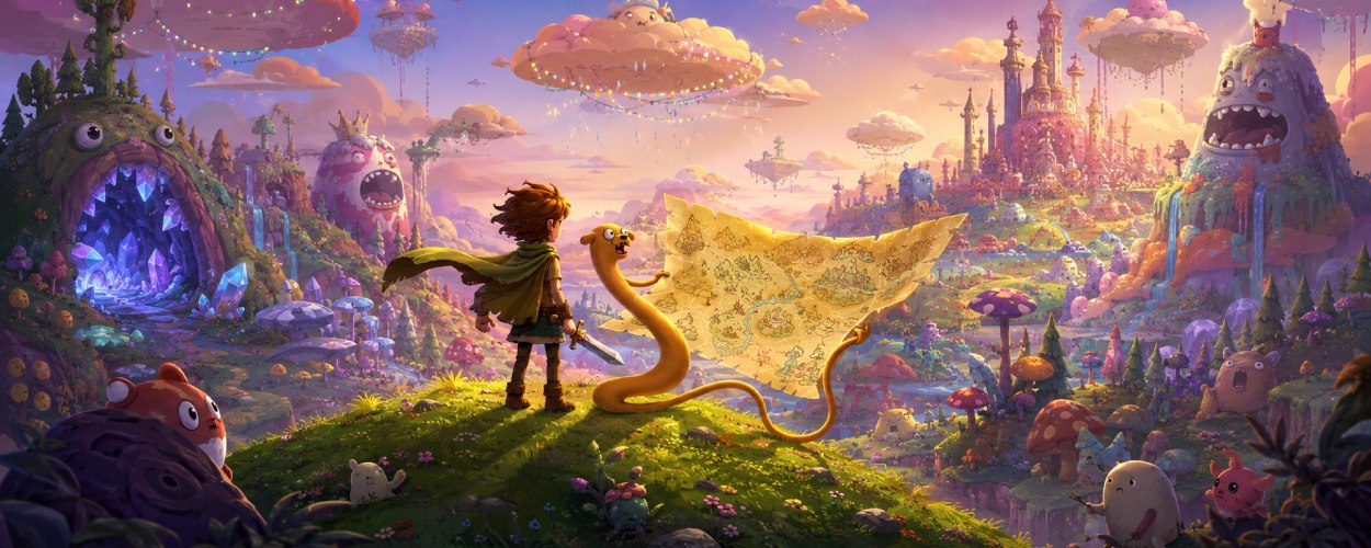 Ein junger Abenteurer und ein magischer Hund stehen auf einem Hügel vor einer bunten Fantasy-Welt mit Wolken, Monstern, Türmen und seltsamen Königreichen.