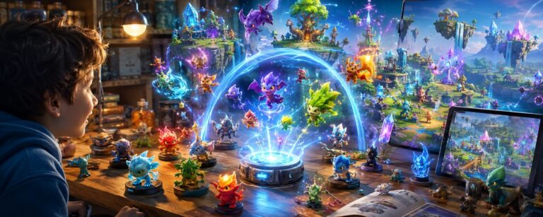 Kleine magische Sammelfiguren stehen vor einem leuchtenden Portal, während digitale Monster als Lichtwesen aus ihnen hervorschlüpfen.