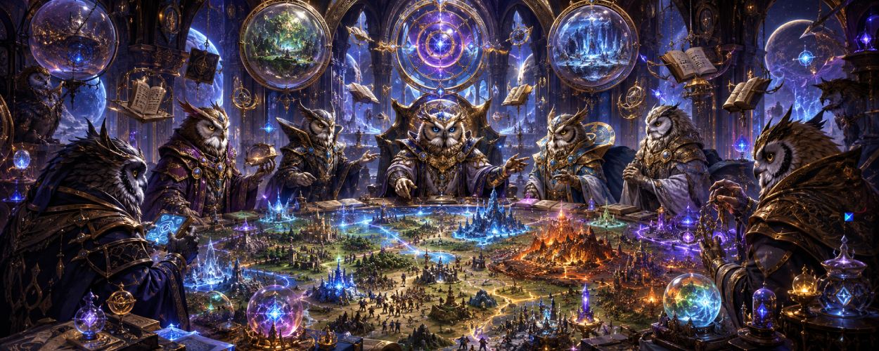 Eulenartige Magier stehen in einem arkanen Observatorium zwischen schwebenden Zauberbüchern, Sternkarten und kleinen Taschendimensionen über einer Fantasy-Strategiekarte.