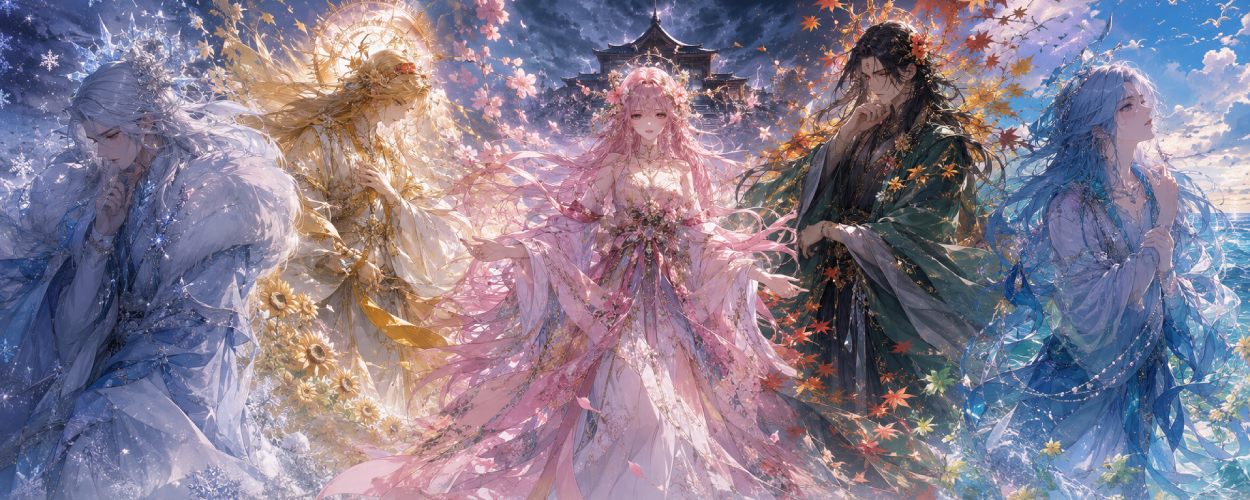 Eine Frühlings-Agentin steht zwischen Schnee, Blüten, Sommerlicht und Herbstlaub, während vier personifizierte Jahreszeiten in einer magischen Fantasy-Landschaft erscheinen.