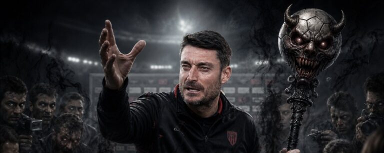 Albert Riera als wütender Fußball-Exorzist in einem düsteren Presseraum, vor ihm Mikrofone, aus denen schwarzer Gerüchterauch steigt, während im Hintergrund schemenhafte Journalisten mit leuchtenden Augen sitzen.