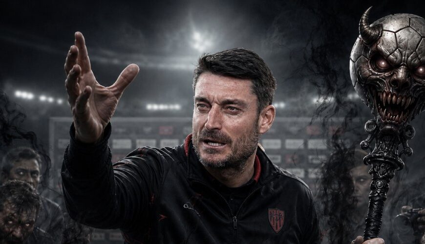 Albert Riera als wütender Fußball-Exorzist in einem düsteren Presseraum, vor ihm Mikrofone, aus denen schwarzer Gerüchterauch steigt, während im Hintergrund schemenhafte Journalisten mit leuchtenden Augen sitzen.