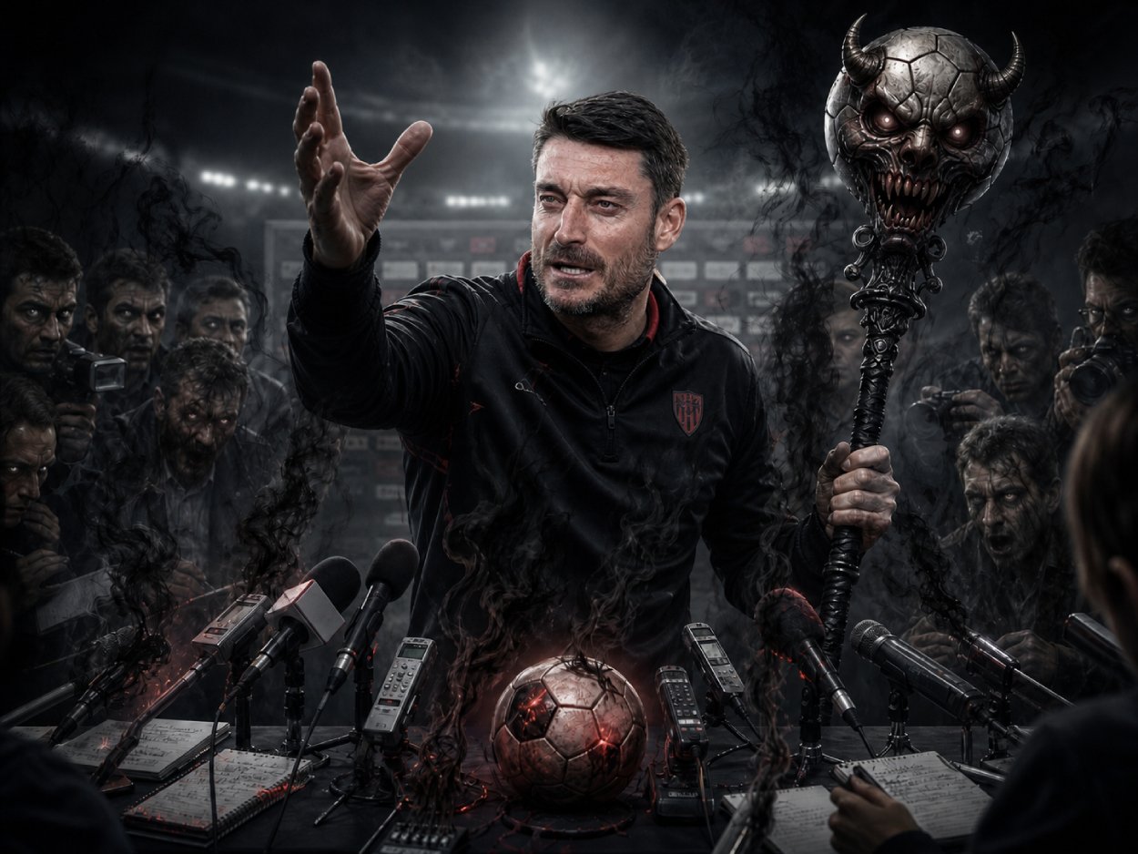 Albert Riera als wütender Fußball-Exorzist in einem düsteren Presseraum, vor ihm Mikrofone, aus denen schwarzer Gerüchterauch steigt, während im Hintergrund schemenhafte Journalisten mit leuchtenden Augen sitzen.
