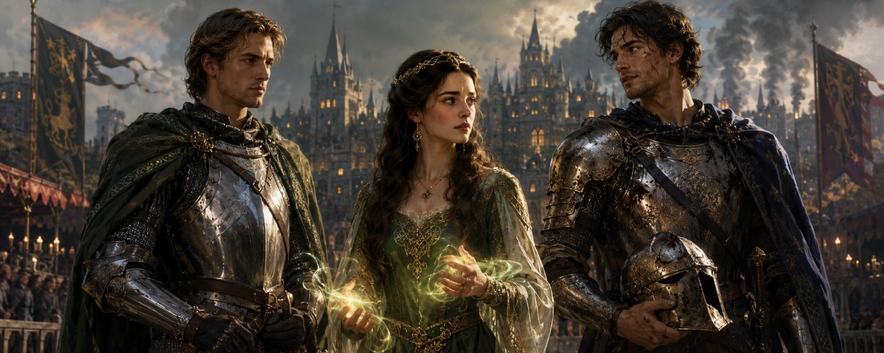 Eine irische Prinzessin mit heilender Magie steht zwischen zwei Rittern vor den Mauern von Camelot, während im Hintergrund Turnierbanner und Bürgerkriegsrauch aufziehen.