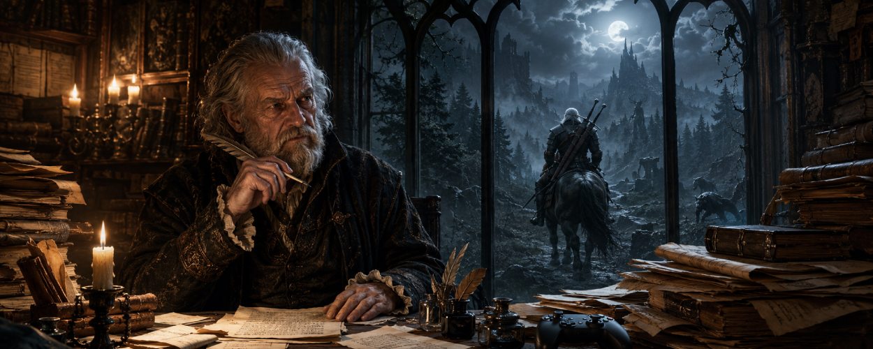 Ein älterer Fantasy-Autor sitzt an einem schweren Schreibtisch mit Manuskripten, während hinter ihm ein weißhaariger Hexer mit zwei Schwertern in eine neblige Monsterlandschaft hinausreitet.
