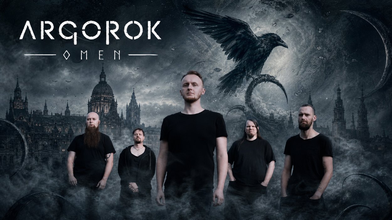 Coverartwork zur EP Omen der Dresdner Epic-Death-Metal-Band Argorok: Ein schwarzer Rabe sitzt vor einem nebligen grau-blauen Hintergrund, darüber stehen Bandlogo und EP-Titel in heller Schrift.