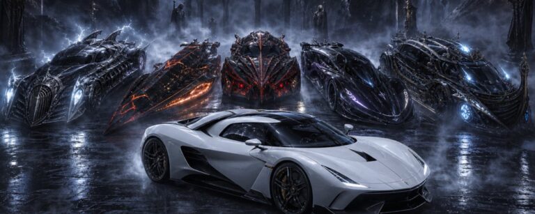 Ein weißer moderner Supersportwagen steht auf einer nassen Straße vor mehreren düsteren Fantasy-Rennwagen. Die Fahrzeuge sind von Nebel, Mondlicht und einer gotischen Felslandschaft umgeben, während Burgen, Brücken und dunkle Türme im Hintergrund zu sehen sind.