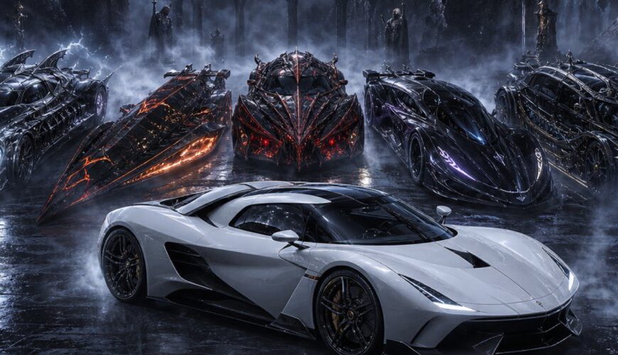 Ein weißer moderner Supersportwagen steht auf einer nassen Straße vor mehreren düsteren Fantasy-Rennwagen. Die Fahrzeuge sind von Nebel, Mondlicht und einer gotischen Felslandschaft umgeben, während Burgen, Brücken und dunkle Türme im Hintergrund zu sehen sind.