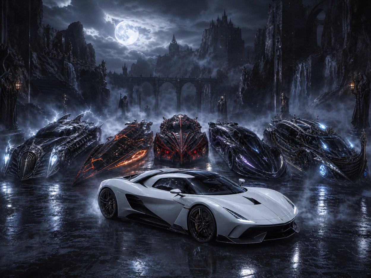 Ein weißer moderner Supersportwagen steht auf einer nassen Straße vor mehreren düsteren Fantasy-Rennwagen. Die Fahrzeuge sind von Nebel, Mondlicht und einer gotischen Felslandschaft umgeben, während Burgen, Brücken und dunkle Türme im Hintergrund zu sehen sind.