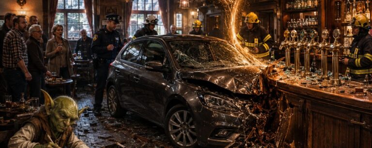 Satirische Fantasy-Szene in einer beschädigten Eckkneipe, in der ein Auto nach einem Unfall direkt am Bartresen steht, während Gäste, Wirt und Feuerwehr verdutzt reagieren.