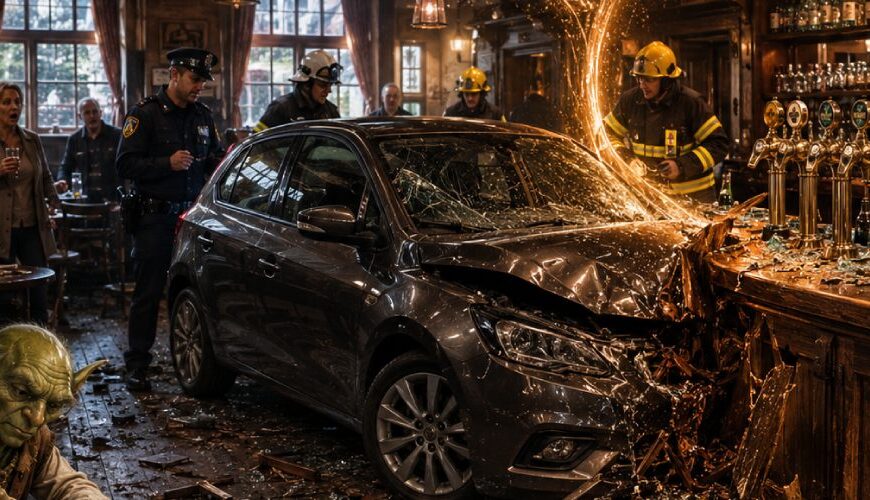 Satirische Fantasy-Szene in einer beschädigten Eckkneipe, in der ein Auto nach einem Unfall direkt am Bartresen steht, während Gäste, Wirt und Feuerwehr verdutzt reagieren.