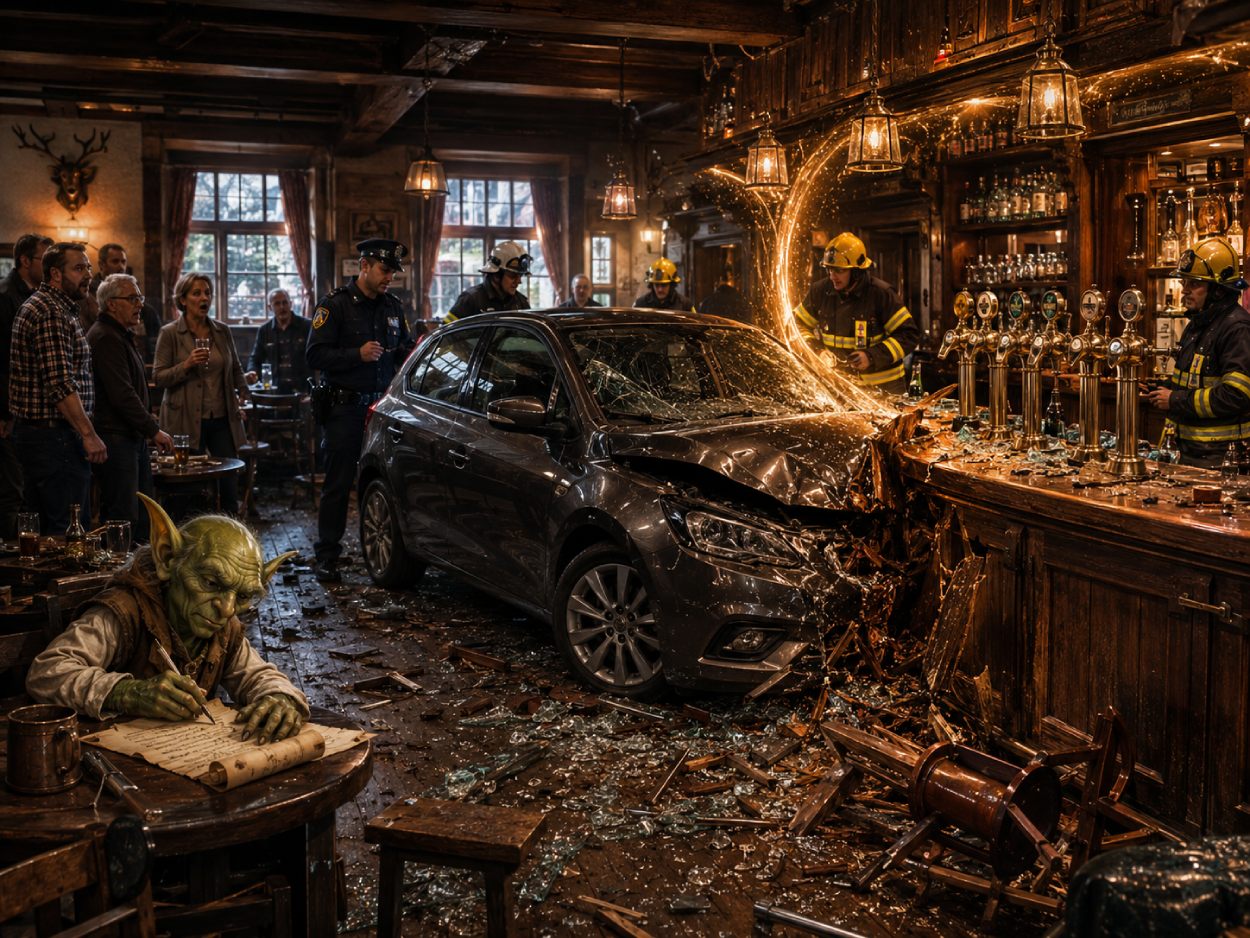 Satirische Fantasy-Szene in einer beschädigten Eckkneipe, in der ein Auto nach einem Unfall direkt am Bartresen steht, während Gäste, Wirt und Feuerwehr verdutzt reagieren.