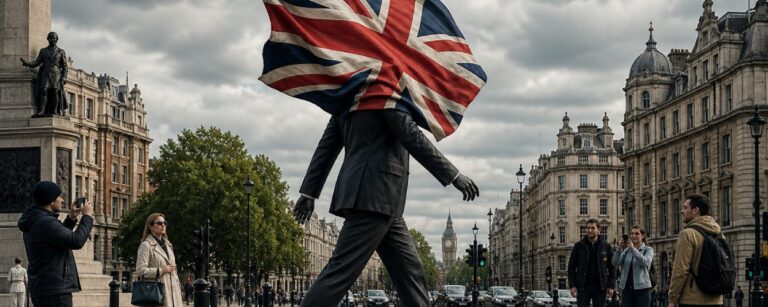 Eine lebensgroße Statue eines Mannes im Anzug steht auf einem Sockel in einer Londoner Platzanlage. Eine große britische Flagge weht ihm vollständig ins Gesicht, während er scheinbar direkt auf einen dunklen Abgrund am Rand des Sockels zuläuft. Passanten schauen zu und fotografieren das Kunstwerk.