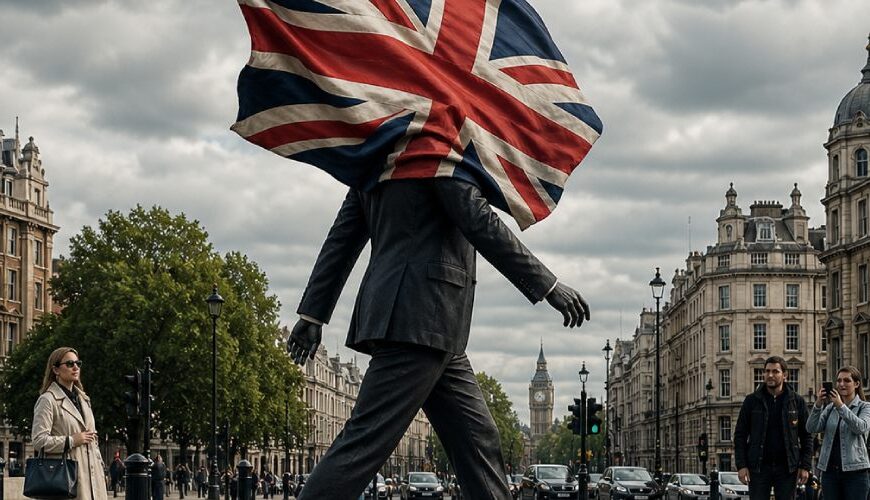 Eine lebensgroße Statue eines Mannes im Anzug steht auf einem Sockel in einer Londoner Platzanlage. Eine große britische Flagge weht ihm vollständig ins Gesicht, während er scheinbar direkt auf einen dunklen Abgrund am Rand des Sockels zuläuft. Passanten schauen zu und fotografieren das Kunstwerk.