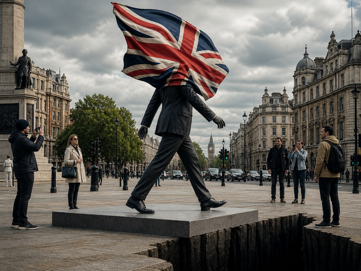 Eine lebensgroße Statue eines Mannes im Anzug steht auf einem Sockel in einer Londoner Platzanlage. Eine große britische Flagge weht ihm vollständig ins Gesicht, während er scheinbar direkt auf einen dunklen Abgrund am Rand des Sockels zuläuft. Passanten schauen zu und fotografieren das Kunstwerk.