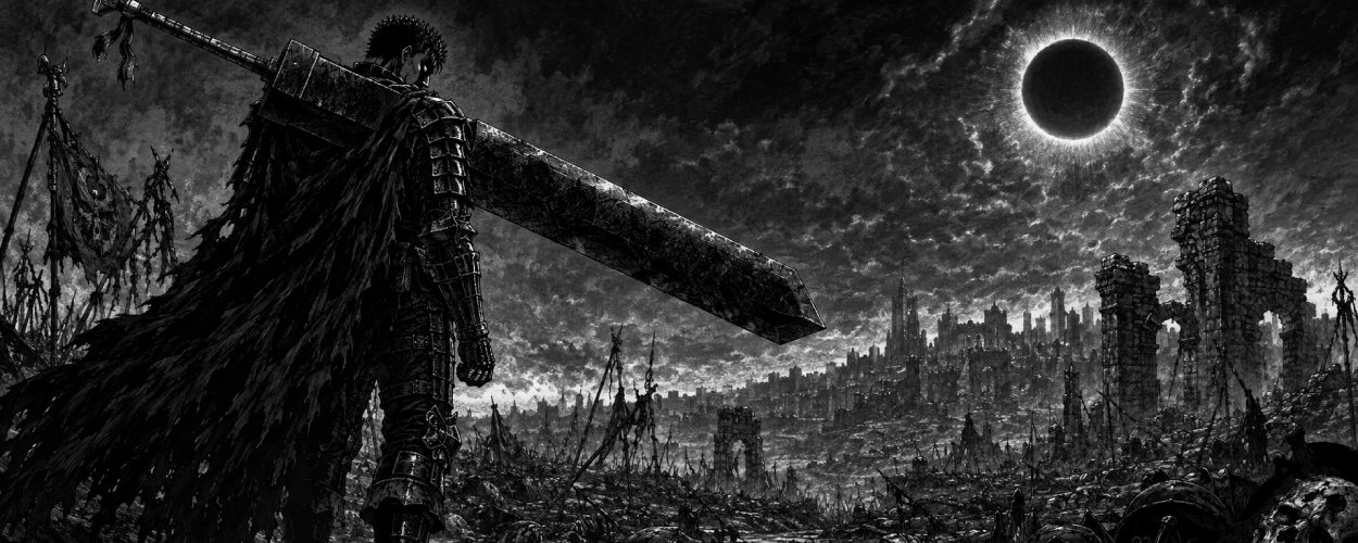 Ein einsamer schwarzer Schwertkämpfer steht mit gewaltiger Klinge in einer düsteren Ruinenlandschaft unter einem blutroten Himmel.